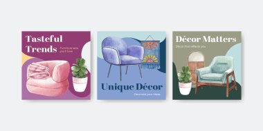 Lüks mobilya konsepti ile reklam şablonu tasarımı suluboya vektör illüstrasyonu pazarlama