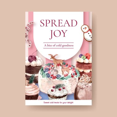 Pazarlama ve suluboya vektör illüstrasyonunun reklamını yapmak için kış tatlıları konseptini içeren poster şablonu