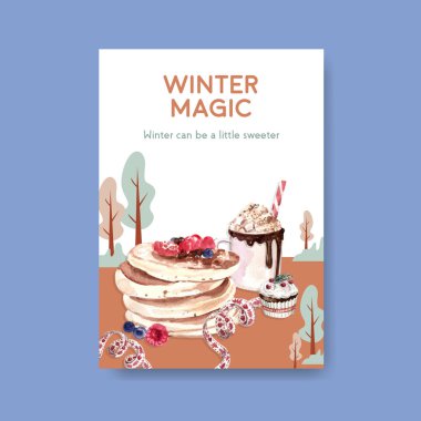 Pazarlama ve suluboya vektör illüstrasyonunun reklamını yapmak için kış tatlıları konseptini içeren poster şablonu