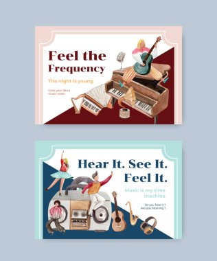 Sosyal medya ve topluluk suluboya vektör çizimi için müzik festivali konsepti tasarımı ile Facebook şablonu