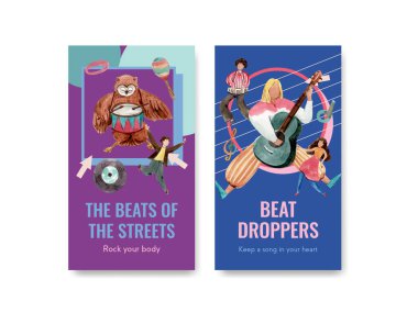 Sosyal medya ve topluluk suluboya vektör çizimi için müzik festivali konsepti tasarımı ile Instagram şablonu