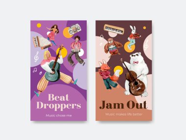 Sosyal medya ve topluluk suluboya vektör çizimi için müzik festivali konsepti tasarımı ile Instagram şablonu