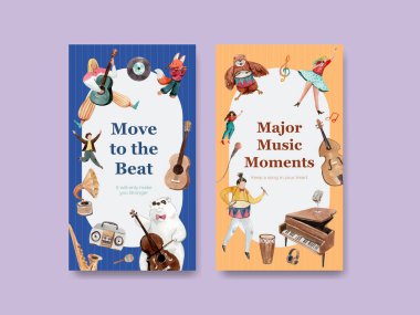 Sosyal medya ve topluluk suluboya vektör çizimi için müzik festivali konsepti tasarımı ile Instagram şablonu