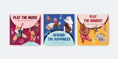 Reklamlar ve suluboya vektör çizimi için müzik festivali konsepti tasarımı ile reklam şablonu