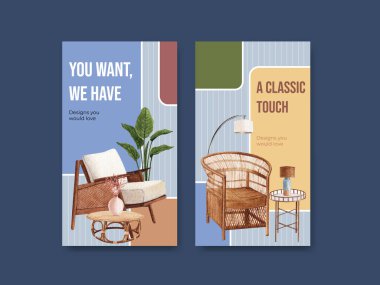 Sosyal medya ve online pazarlama suluboya vektör çizimi için Jassa mobilya konsept tasarımı ile Instagram şablonu