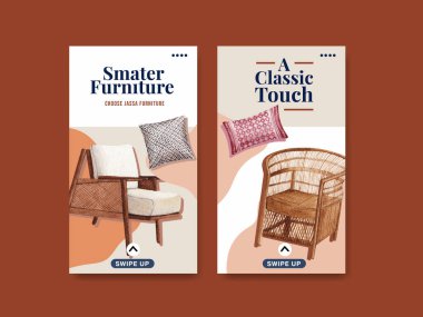 Sosyal medya ve online pazarlama suluboya vektör çizimi için Jassa mobilya konsept tasarımı ile Instagram şablonu