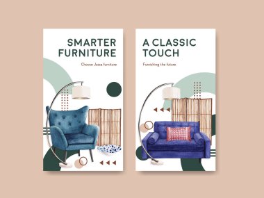 Sosyal medya ve online pazarlama suluboya vektör çizimi için Jassa mobilya konsept tasarımı ile Instagram şablonu
