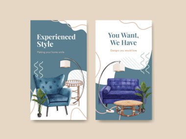 Sosyal medya ve online pazarlama suluboya vektör çizimi için Jassa mobilya konsept tasarımı ile Instagram şablonu
