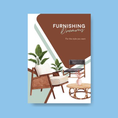 Broşür için Jassa mobilya konsepti tasarımı ve suluboya vektör ilüstrasyonunu tanıtan poster şablonu