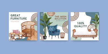 Jassa mobilya konsept tasarımı ile tanıtım şablonu suluboya vektör illüstrasyonunu tanıtmak ve pazarlamak için