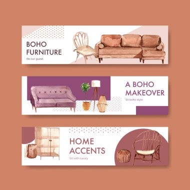 Reklam ve pazarlama suluboya vektör çizimi için boho mobilya konsepti tasarımı banner şablonu