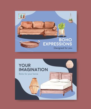 Sosyal medya ve çevrimiçi pazarlama suluboya vektör çizimi için boho mobilya konsept tasarımı ile Facebook şablonu