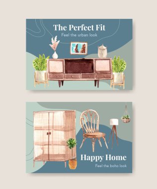 Sosyal medya ve çevrimiçi pazarlama suluboya vektör çizimi için boho mobilya konsept tasarımı ile Facebook şablonu