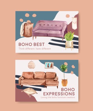 Sosyal medya ve çevrimiçi pazarlama suluboya vektör çizimi için boho mobilya konsept tasarımı ile Facebook şablonu
