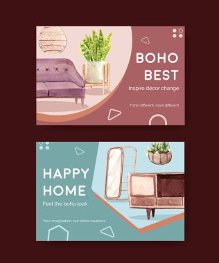 Sosyal medya ve çevrimiçi pazarlama suluboya vektör çizimi için boho mobilya konsept tasarımı ile Facebook şablonu