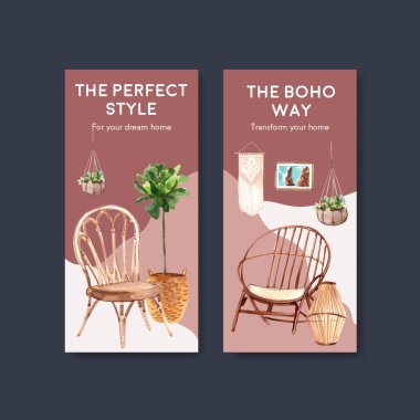 Broşür ve broşür ve broşür için boho mobilya konsepti tasarımlı el ilanı şablonu