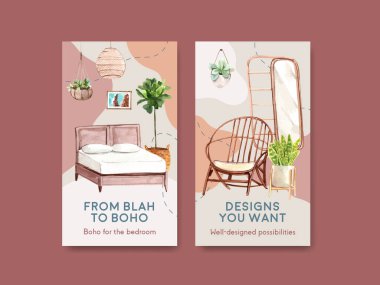 Sosyal medya ve çevrimiçi pazarlama suluboya vektör çizimi için boho mobilya konsept tasarımı ile Instagram şablonu