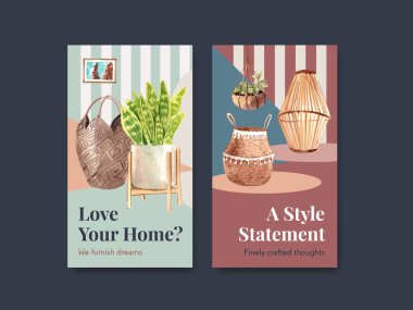 Sosyal medya ve çevrimiçi pazarlama suluboya vektör çizimi için boho mobilya konsept tasarımı ile Instagram şablonu