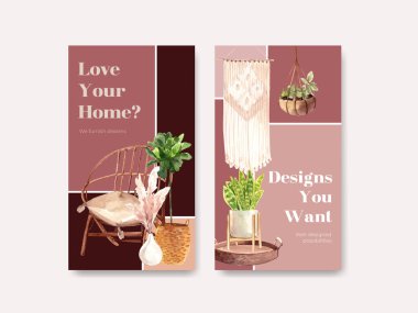 Sosyal medya ve çevrimiçi pazarlama suluboya vektör çizimi için boho mobilya konsept tasarımı ile Instagram şablonu