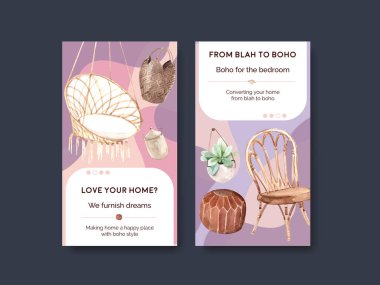 Sosyal medya ve çevrimiçi pazarlama suluboya vektör çizimi için boho mobilya konsept tasarımı ile Instagram şablonu