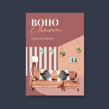 Broşür ve pazarlama suluboya vektör çizimi için boho mobilya konsepti tasarımı ile poster şablonu