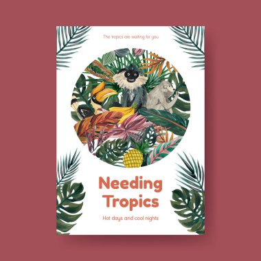 Reklam ve pazarlama suluboya vektör çizimi için tropikal çağdaş konsept tasarımı olan poster şablonu