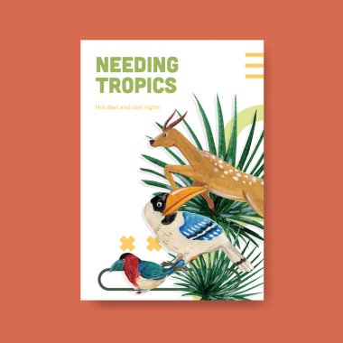 Reklam ve pazarlama suluboya vektör çizimi için tropikal çağdaş konsept tasarımı olan poster şablonu