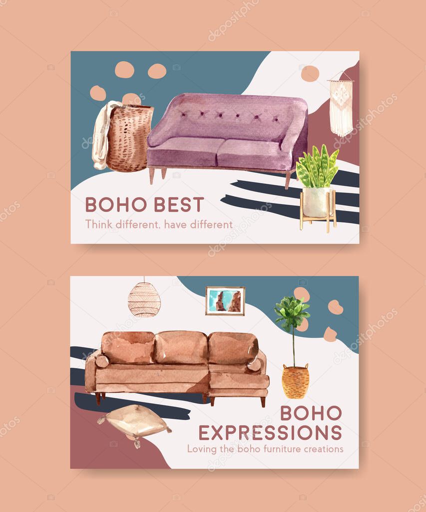 Facebook template with boho furniture concept design for social media and online marketing watercolor vector illustratio