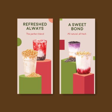 Broşür ve broşür ve bildiri suluboya vektör çizimi için baloncuk sütlü çay kavramına sahip el ilanı şablonu