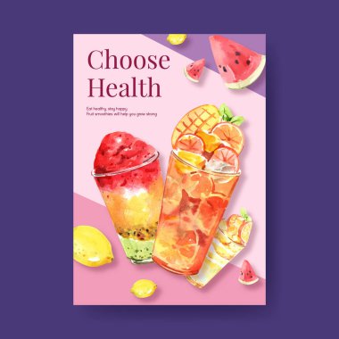 Reklam ve ticari suluboya vektör çizimi için meyve püresi konsepti tasarımlı poster şablonu