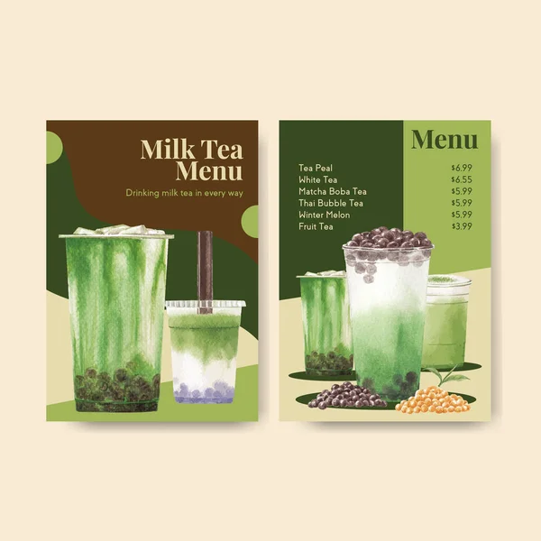 带有泡泡奶茶概念设计的餐厅和咖啡店水彩画菜单模板 — 图库矢量图片