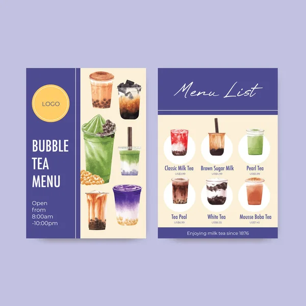带有泡泡奶茶概念设计的餐厅和咖啡店水彩画菜单模板 — 图库矢量图片
