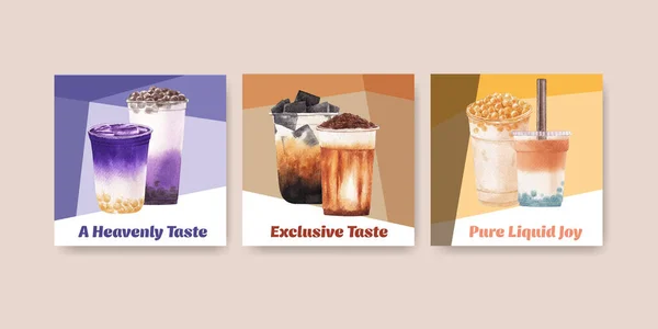 广告模板与泡泡奶茶概念设计的商业和营销水彩画 — 图库矢量图片
