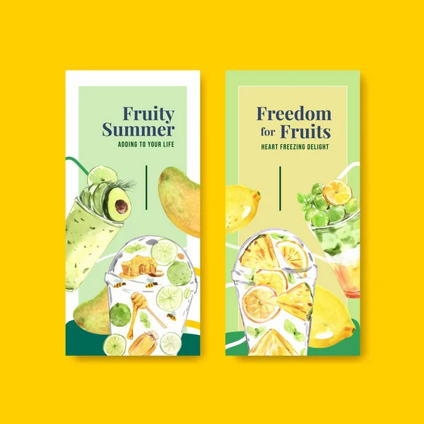 Volantino Modello Con Frullati Frutta Concept Design Brochure Depliant Acquerello — Vettoriale Stock