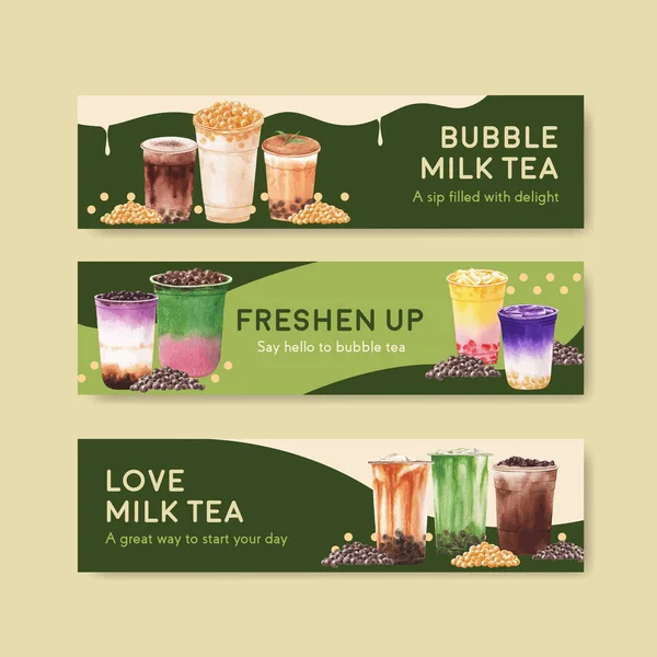 Banner template with bubble milk tea concept design for advertise and commercial watercolor vector illustration — Stock Illustration Banner Template Bubble Milk Tea Concept Design Advertise Commercial Watercolor Stock Illustration