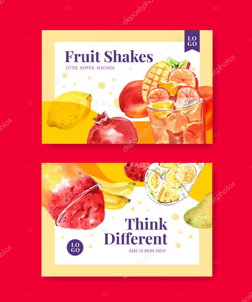Facebook template with fruits smoothies concept design for soccial media and community watercolor vector illustratio