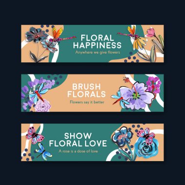 Fırça çiçekleri konsept tasarımı ile sancak şablonu suluboya vektör illüstrasyonunu reklam ve pazarlamak için