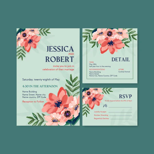 Hochzeitskartenschablone Mit Pinsel Florale Konzeptentwurf Für Einladung Und Heiraten Aquarell — Stockvektor