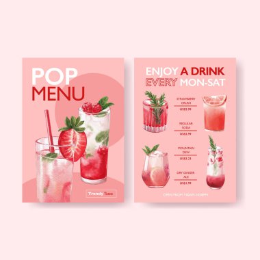 Kafe ve bistro suluboya vektör illüstrasyonu için gazlı içecek menüsü şablonu