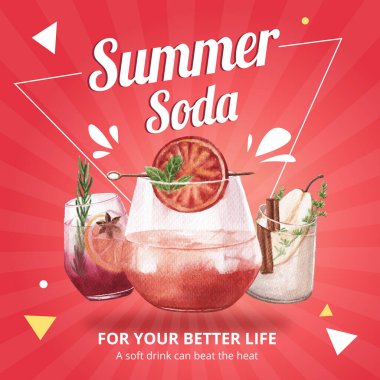 Suluboya vektör illüstrasyonunu pazarlamak için soda tasarımı ile reklam şablonu