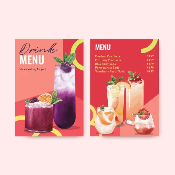 苏打水菜单模板 用于咖啡店和小酒馆的水彩画 — 图库矢量图片