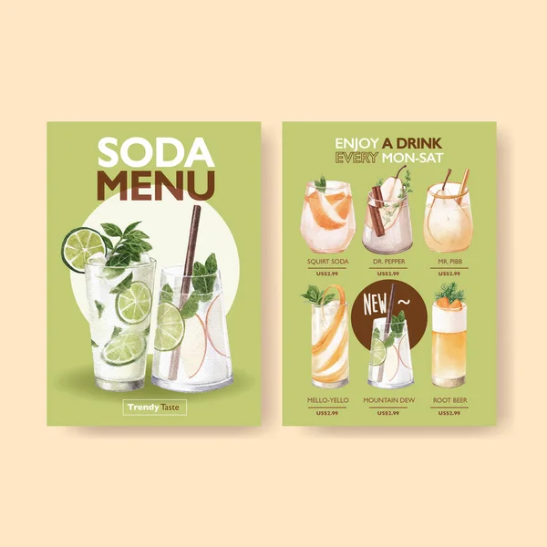 Soda Drink Menu Template Voor Cafe Bistro Aquarel Vector Illustratie — Stockvector