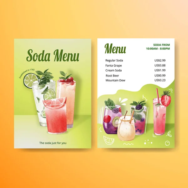 Soda Drink Menüvorlage Für Café Und Bistro Aquarellvektorillustration — Stockvektor