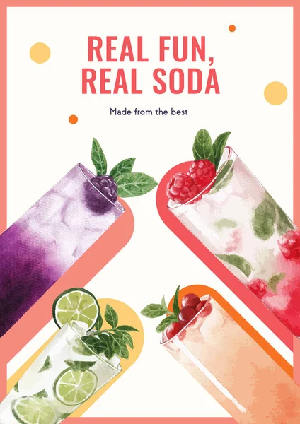 Πρότυπο Αφίσας Σόδα Σχεδιασμό Ποτό Για Διαφήμιση Εικονογράφηση Φορέα Ακουαρέλα — Διανυσματικό Αρχείο