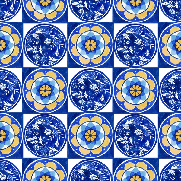 Patrón Sin Costura Con Diseño Azulejos Italianos Acuarela Vector Ilustración — Archivo Imágenes Vectoriales