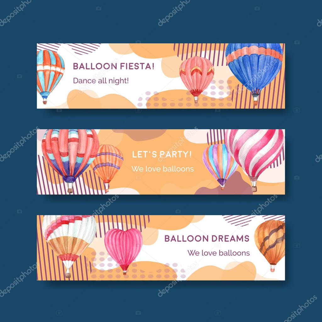 Banner template with balloon fiesta concept design for marketing and advertise watercolor vector illustratio
