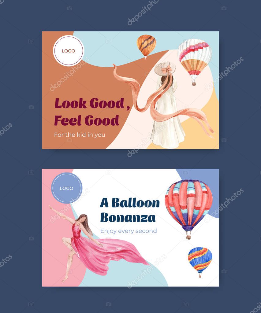Facebook template with balloon fiesta concept design for digital marketing and social media watercolor vector illustratio