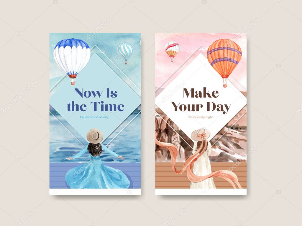 Instagram template with balloon fiesta concept design for online marketing and social media watercolor vector illustratio