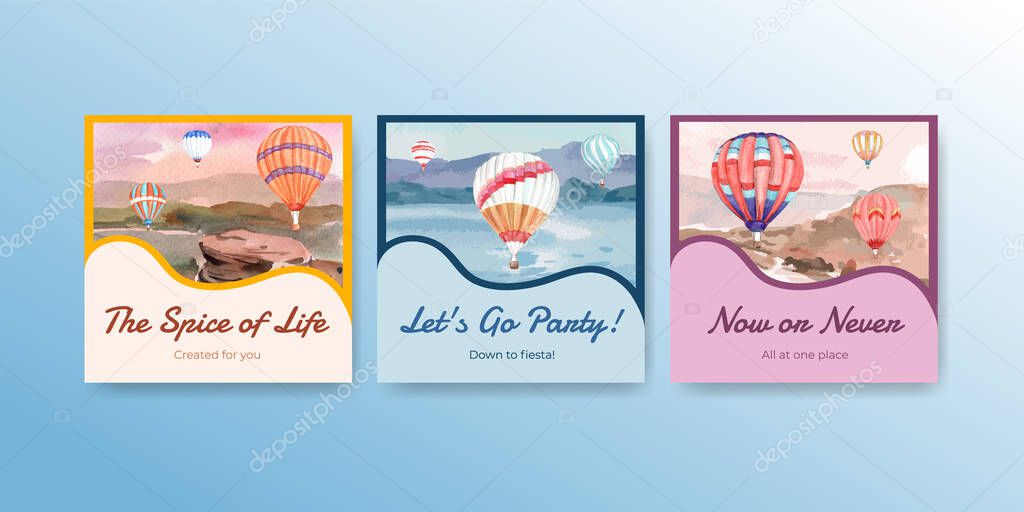 Advertise template with balloon fiesta concept design for marketing and business watercolor vector illustratio