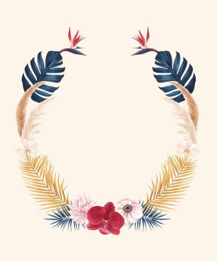 Pampas çiçekli çelenk suluboya vektör çizimi